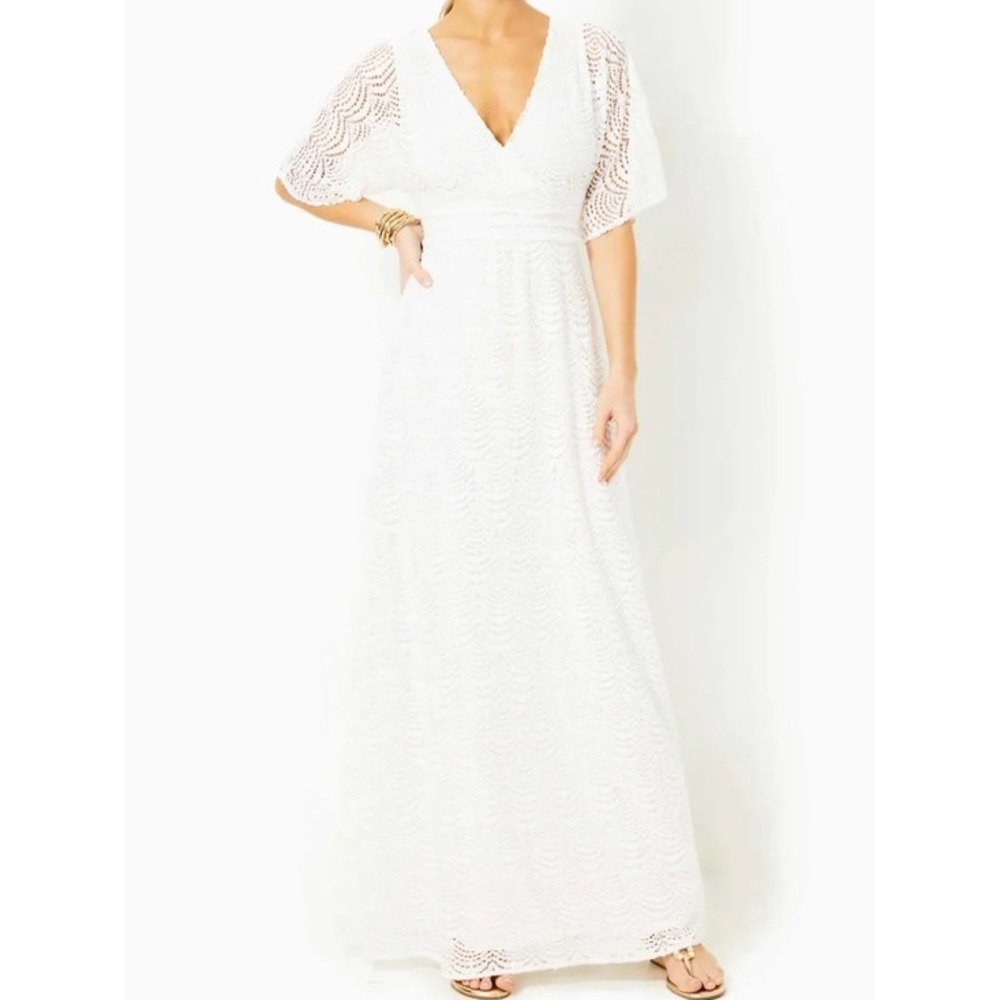 Lilly Pulitzer Parigi White Scalloped Lace Flutter Sleeve Maxi Dress Small - Picture 11 of 16